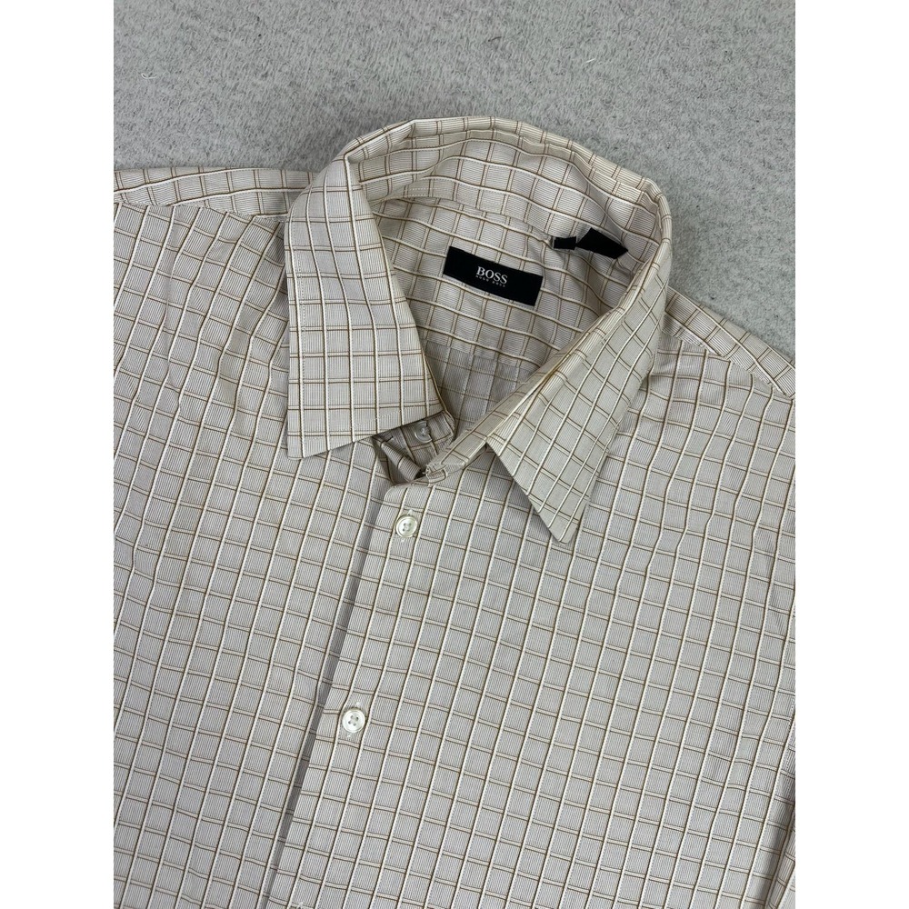 BOSS Hugo‎ Boss Mens 16.5 34/35 Beige Check Cotton Dress Shirt Long Sleeve